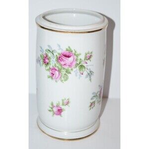 Vtg Lefton floral Moss Rose vase porcelain w/ gold trim 8"